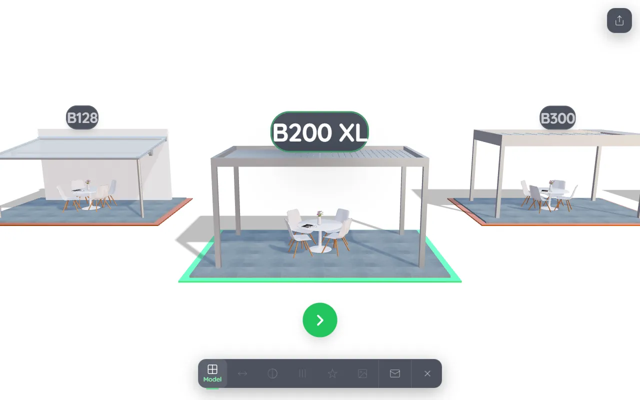 The 3D configurator showing three pergola models to choose from