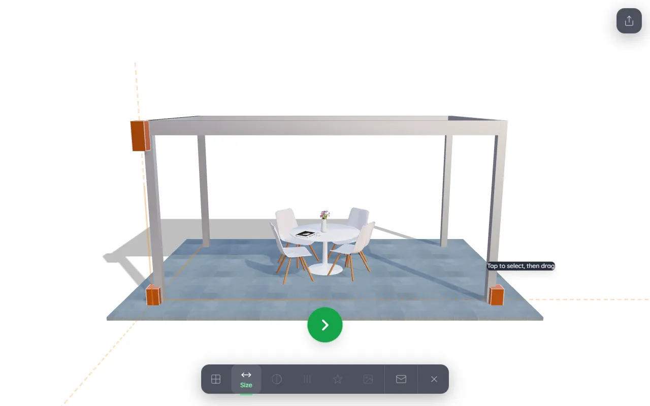 The 3D configurator open, showing a pergola the visitor can rotate and customise