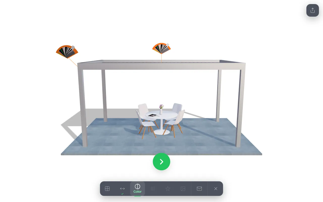 The 3D configurator with colour fan selectors on the pergola frame and roof