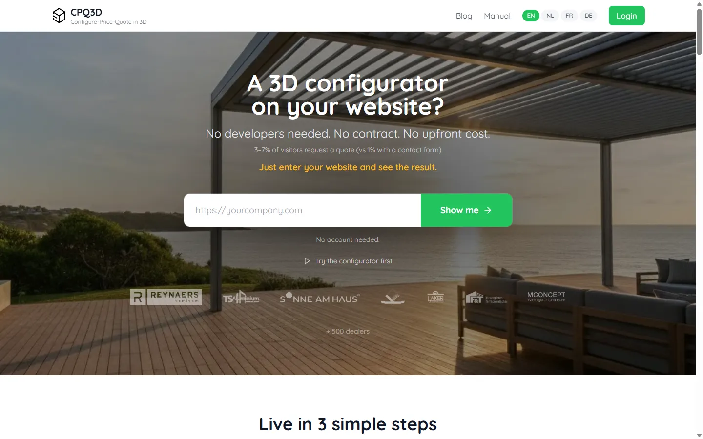 CPQ3D homepage with the Get Started Free URL input field
